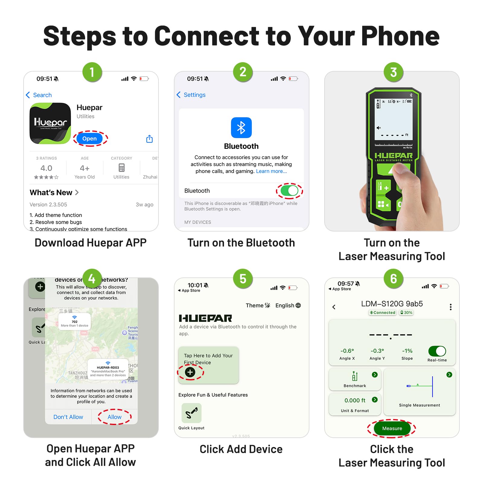Huepar S120G-BT Télémètre Laser Bluetooth (120 m / 395 ft, Précision ±1,5 mm, Contrôle via App, Surface & Volume)