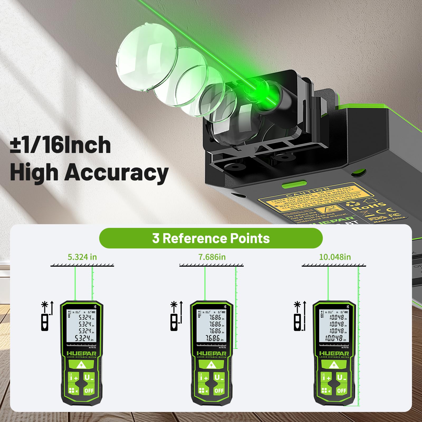 Huepar S120G-BT Télémètre Laser Bluetooth (120 m / 395 ft, Précision ±1,5 mm, Contrôle via App, Surface & Volume)
